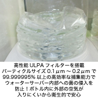高性能フィルターを搭載パーティクルサイズ0.1μm～0.2μmで99.999995%以上の高効率な捕集能力でウォーターサーバー内部への菌の侵入を防止！ボトル内に外部の空気が入りにくいから衛生的で安心